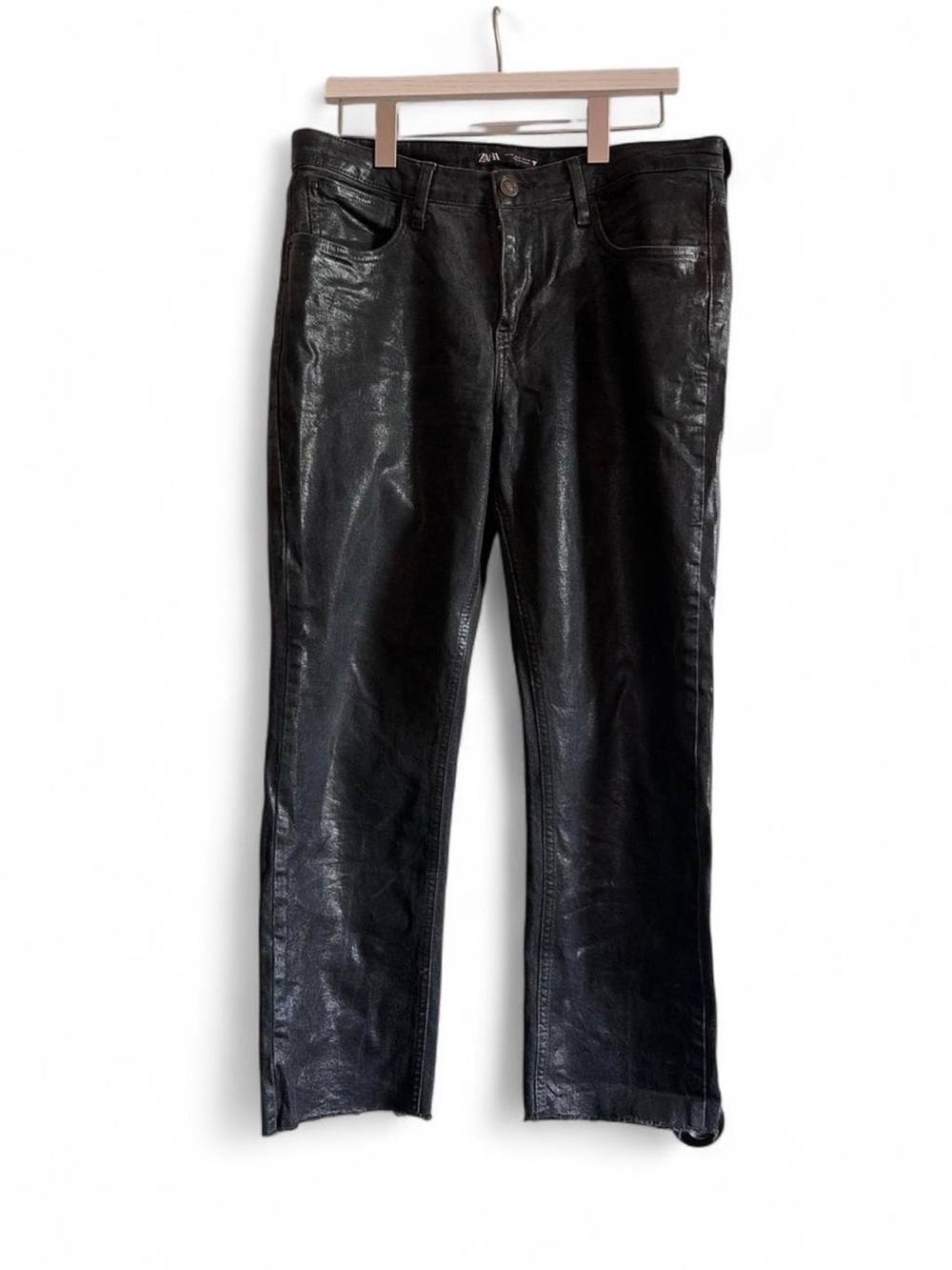 Zara Women's Black Metallic Coated Straight Jeans